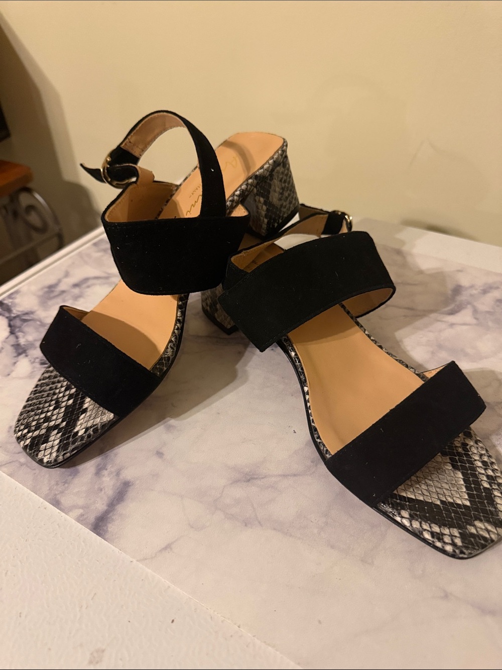 Anellini Black Suede Block Heel Sandals with Snake-Print Heel Italy Leather